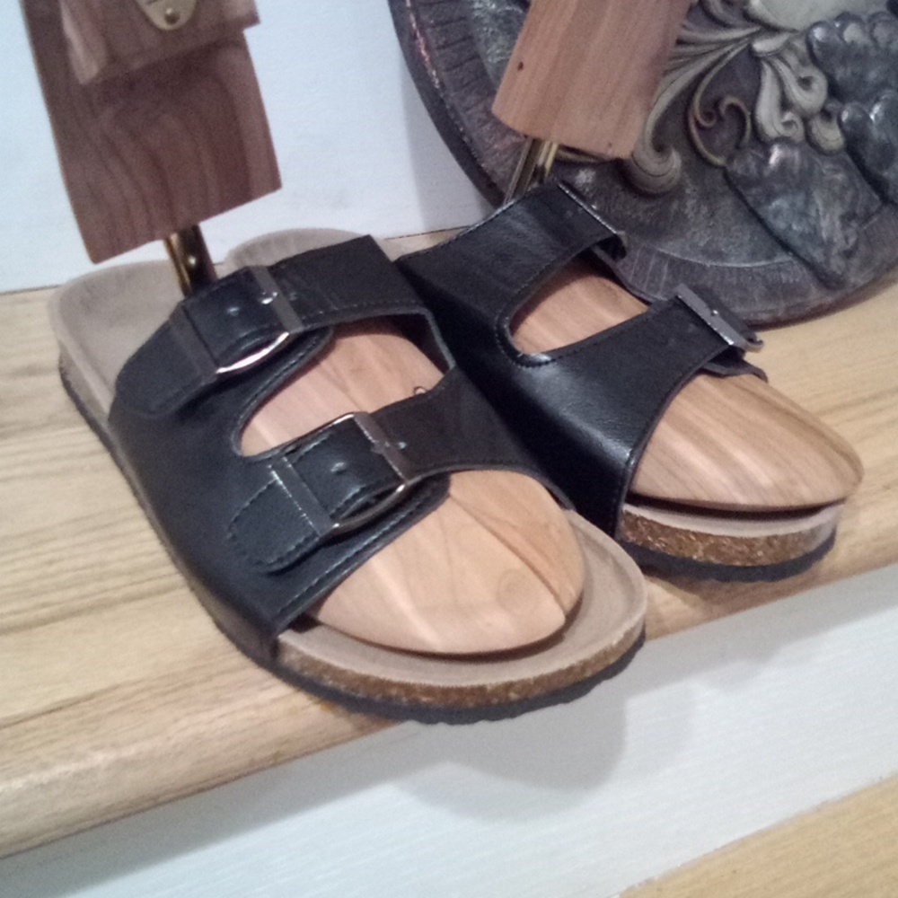 Black Leather Silver Buckle Slide Sandals